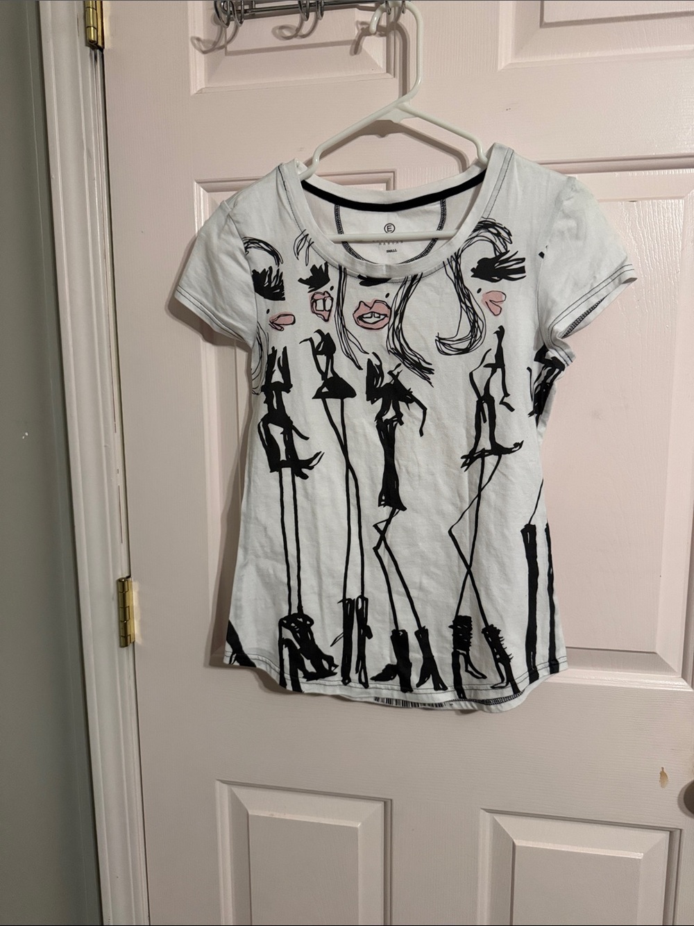 Zara White Short-Sleeve Tee with Black Fashion Silhouette Print and Pink Accents